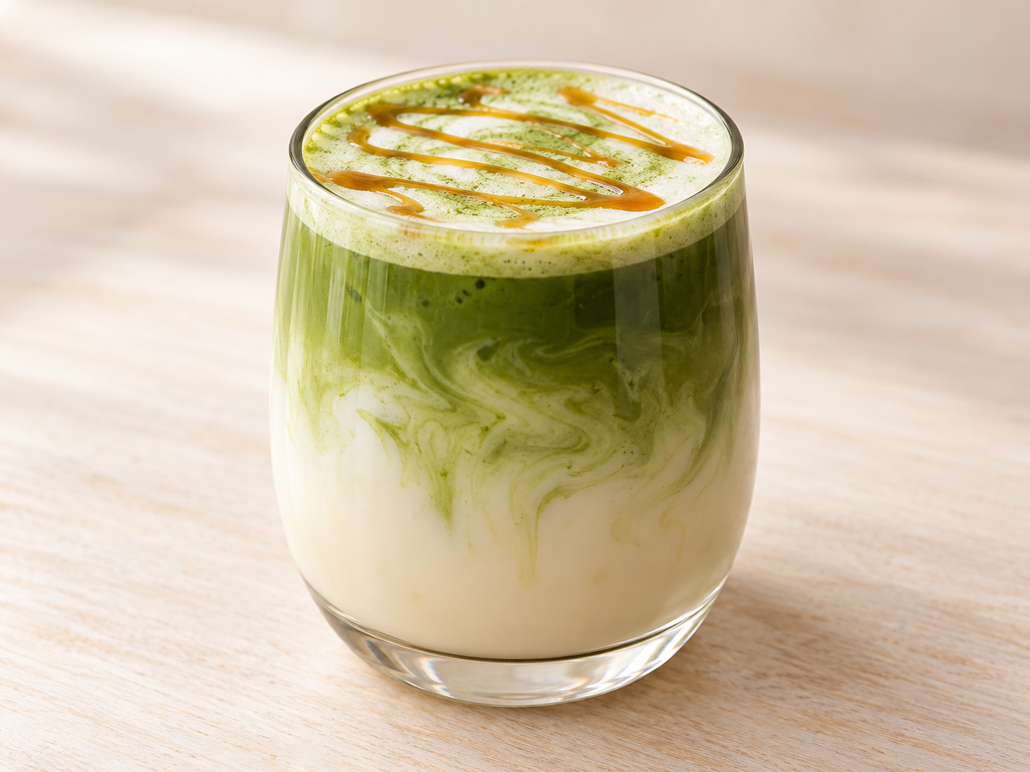 Hrejivé karamelové matcha latte so sójovým mliekom